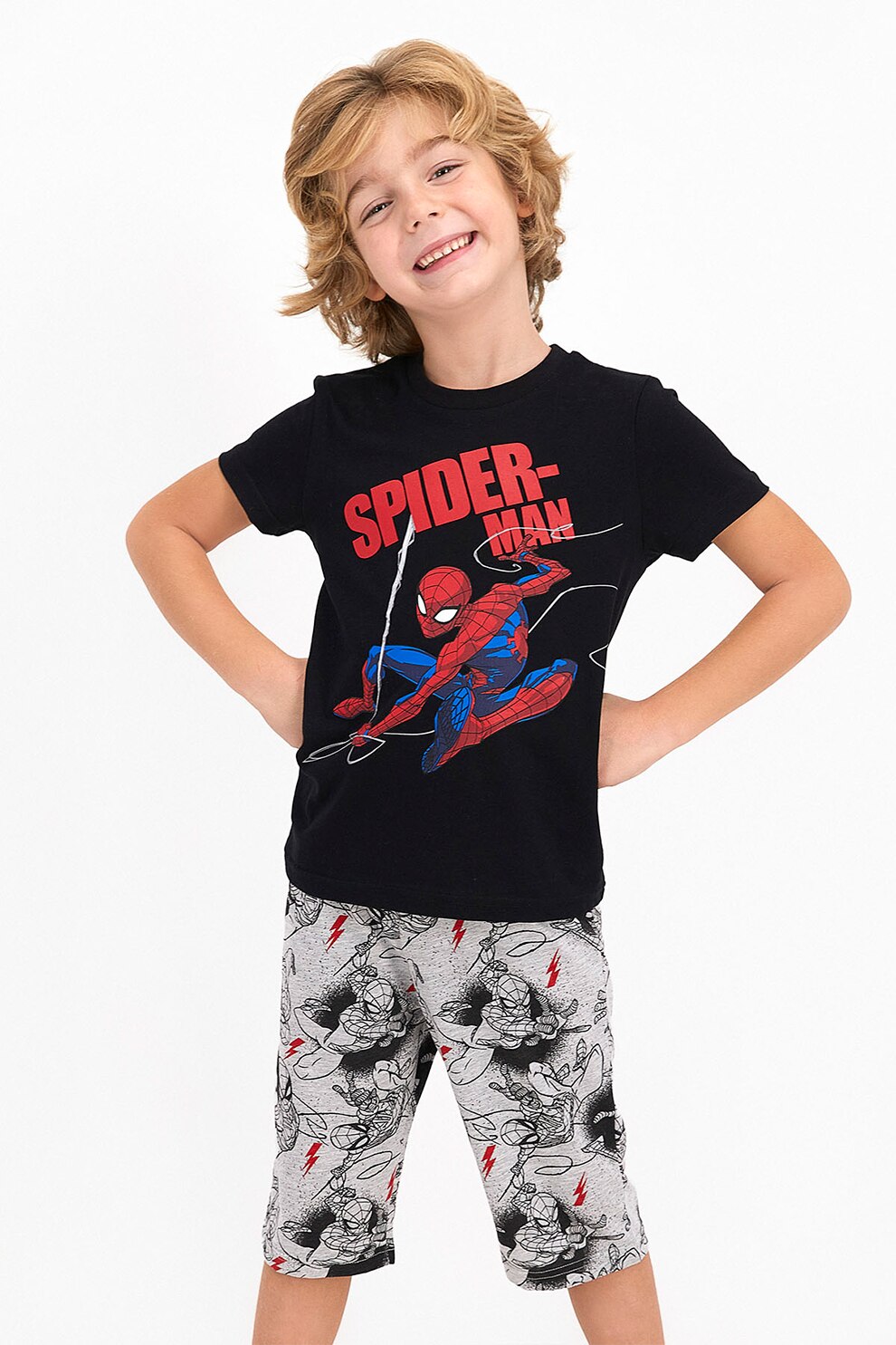 Disney, Pijama scurta de jerseu cu imprimeu cu Spiderman, Negru/Gri