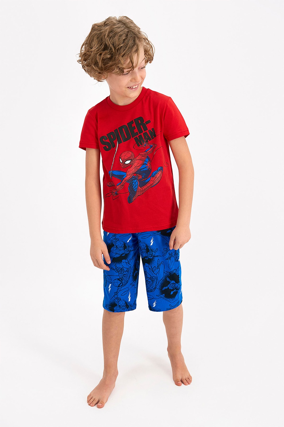 Disney, Pijama scurta de jerseu cu imprimeu cu Spiderman, Rosu/Albastru