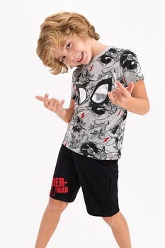 Disney, Pijama cu maneci scurte cu imprimeu cu Spiderman, Gri/negru Disney, Pijama cu maneci scurte cu imprimeu cu Spiderman, Gri/negru