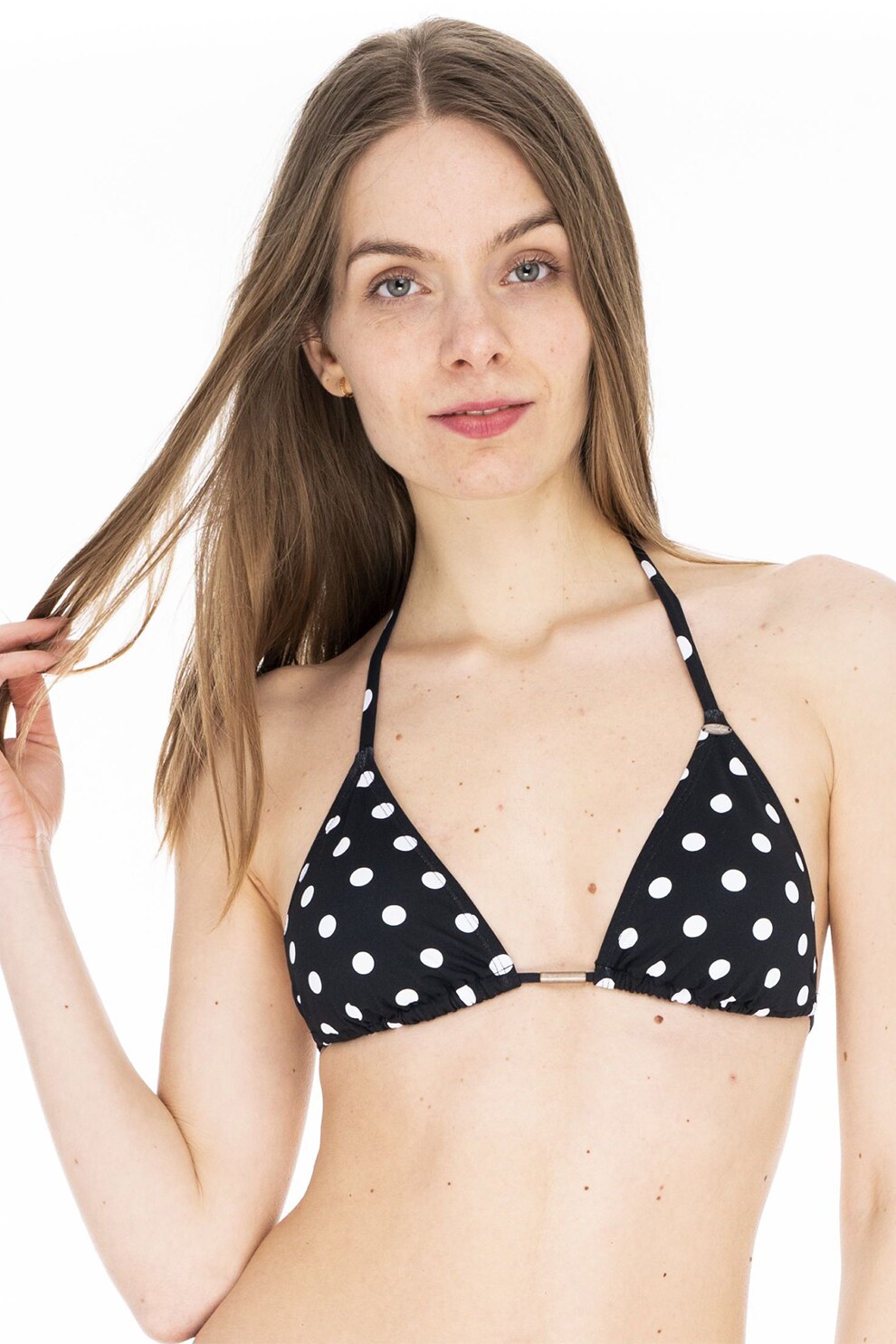 Fundango, Sutien de baie cu decolteu halter si model in dungi Innisfil, Negru/Alb