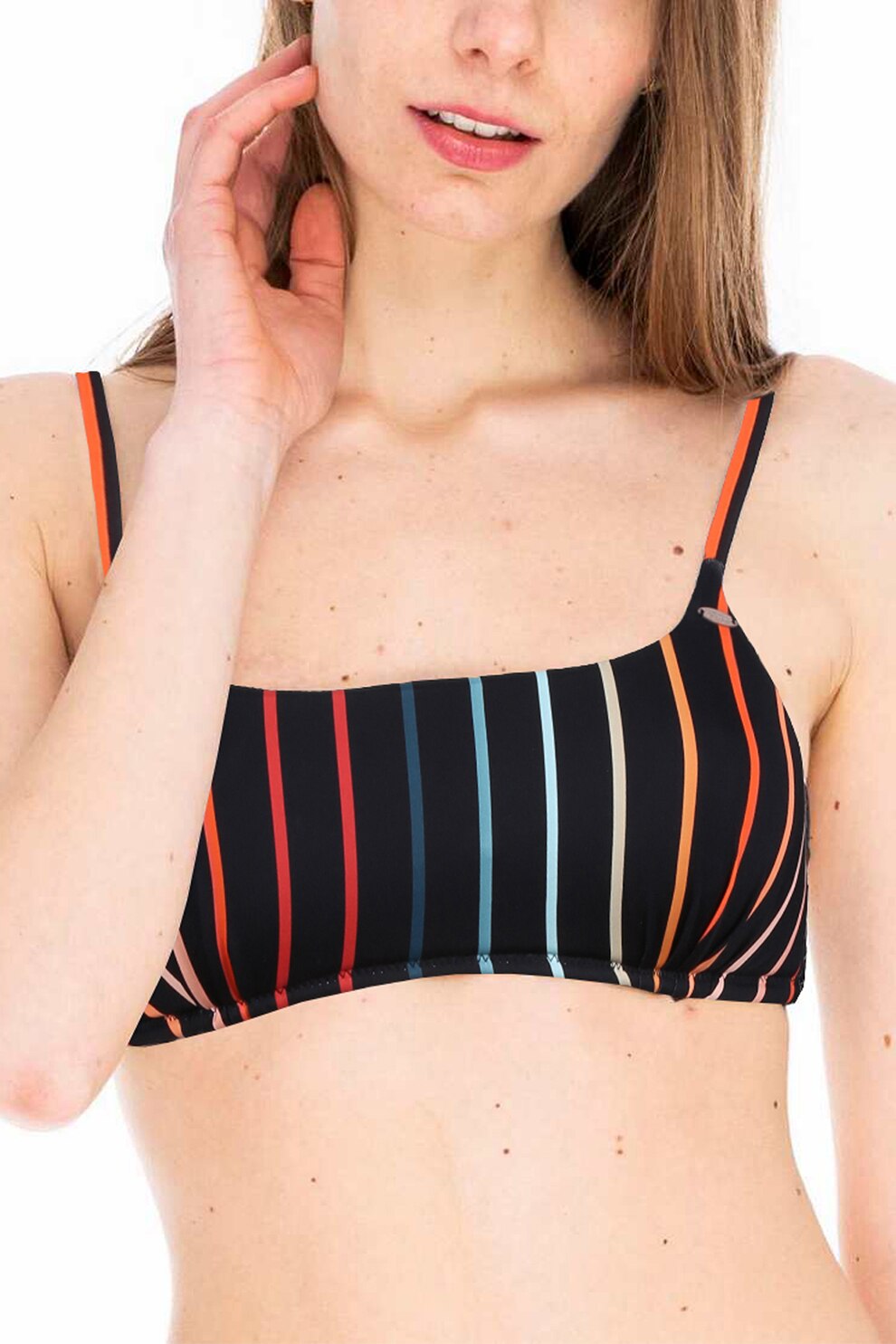 Fundango, Sutien de baie cu imprimeu in dungi Barrie, Negru/Rosu inchis/Albastru inchis