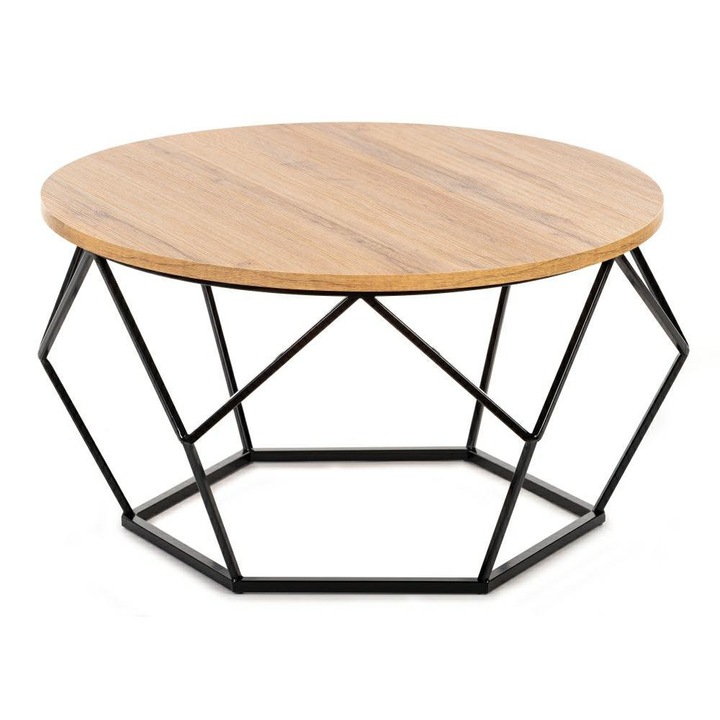 Холна маса, Loft, Diamond 70 см Lancelot, черна лакирана конструкция, плот от дъбов MDF, стил Loft, 70x70x40 см, дъб