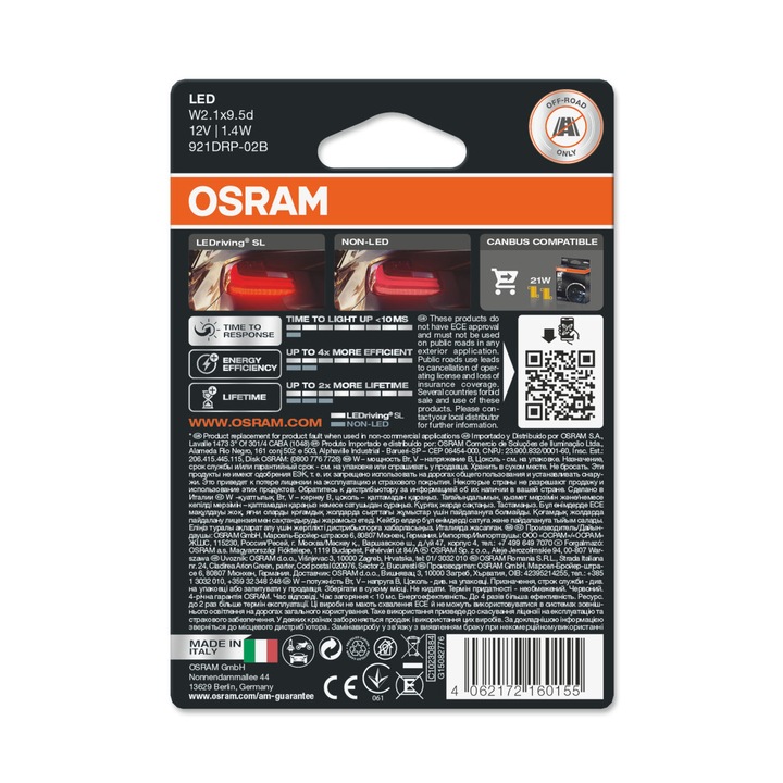Set 2 becuri auto led OSRAM LEDriving SL W16W, 12V rosu