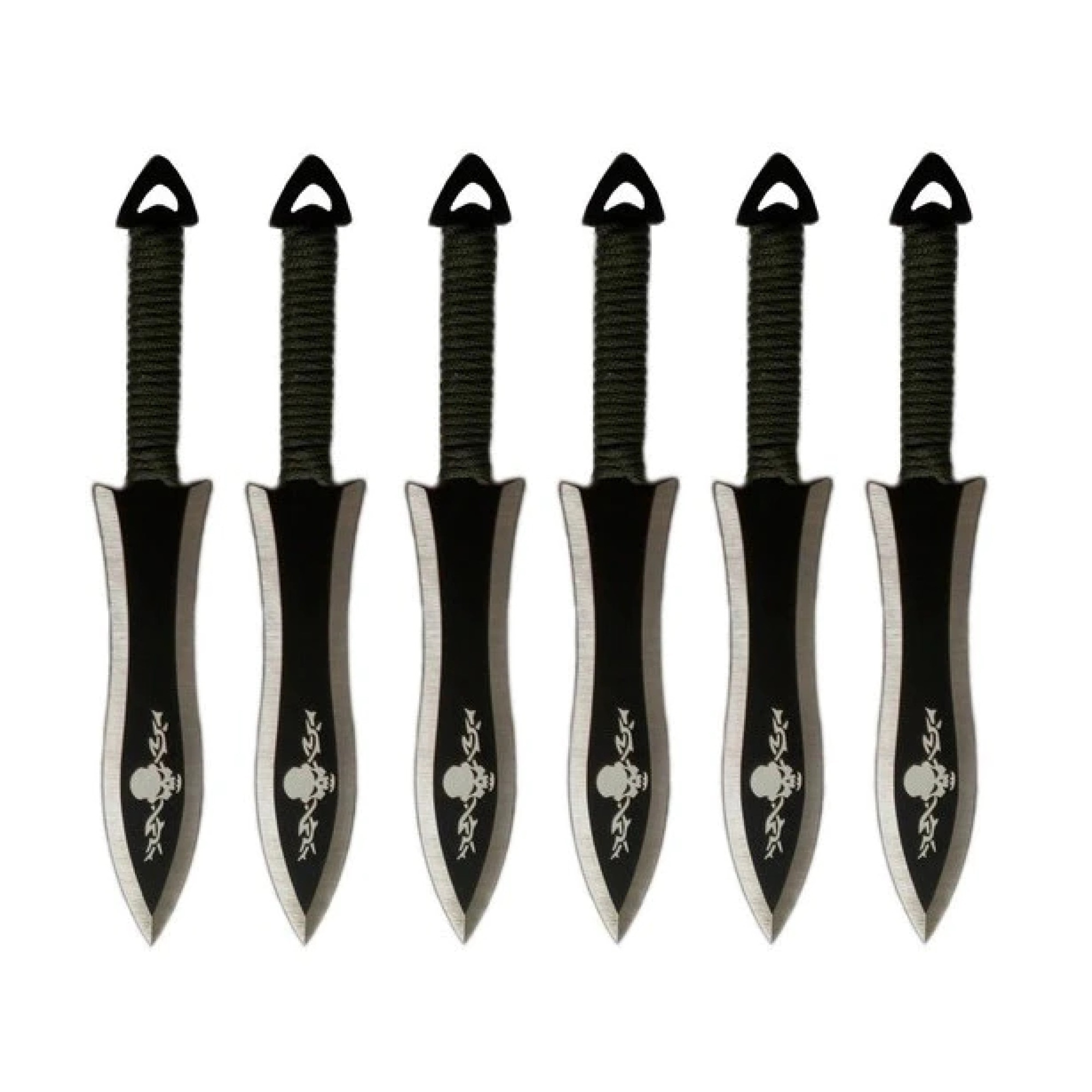 Set 6 Cutite de Aruncat cu Dead Skull design si Husa de Prindere la Picior, din otel, 16.5x8 cm, negru
