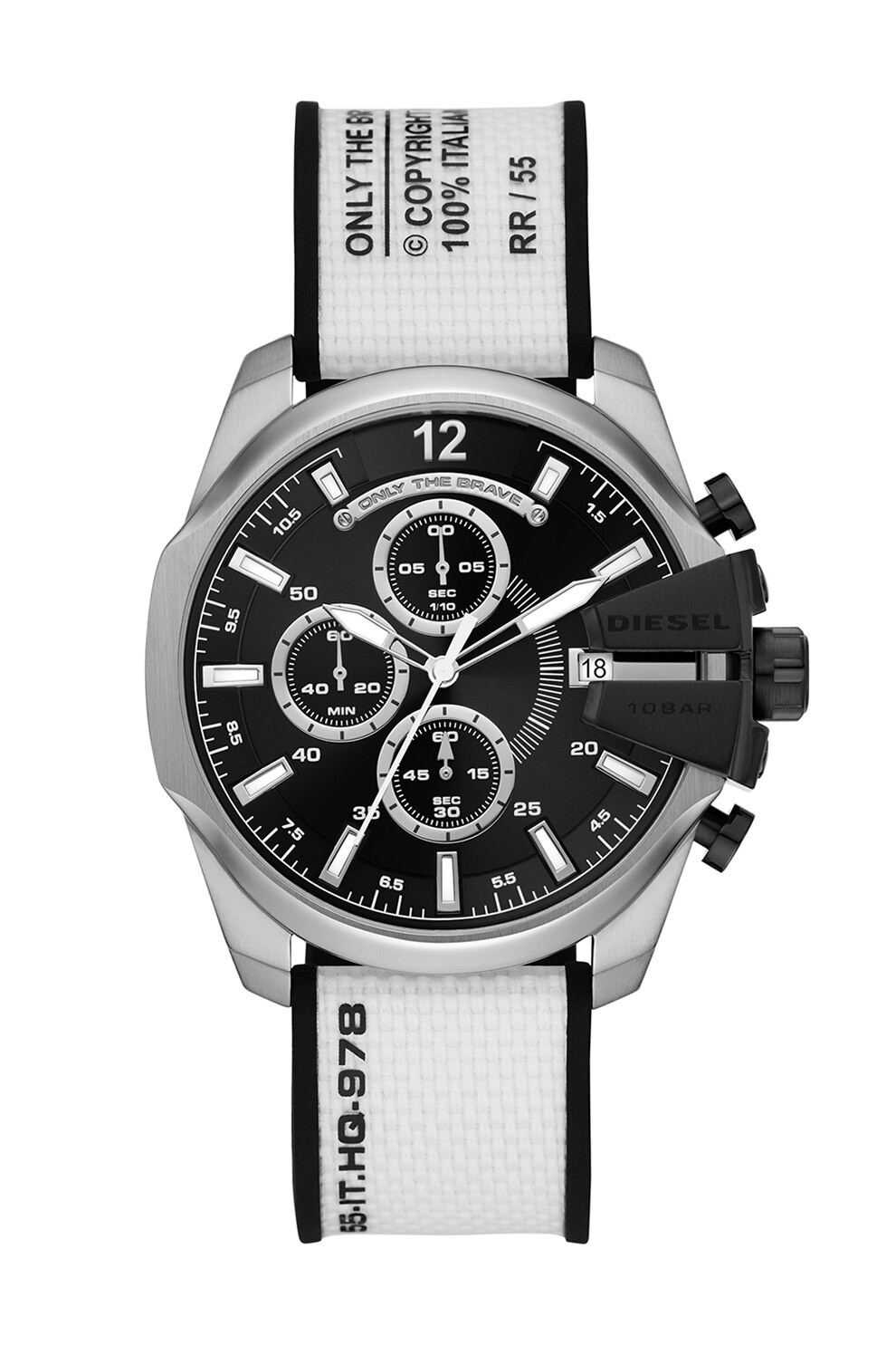Diesel, Ceas din otel inoxidabil cu o cureat din silicon si material textil, Alb/Negru/Argintiu