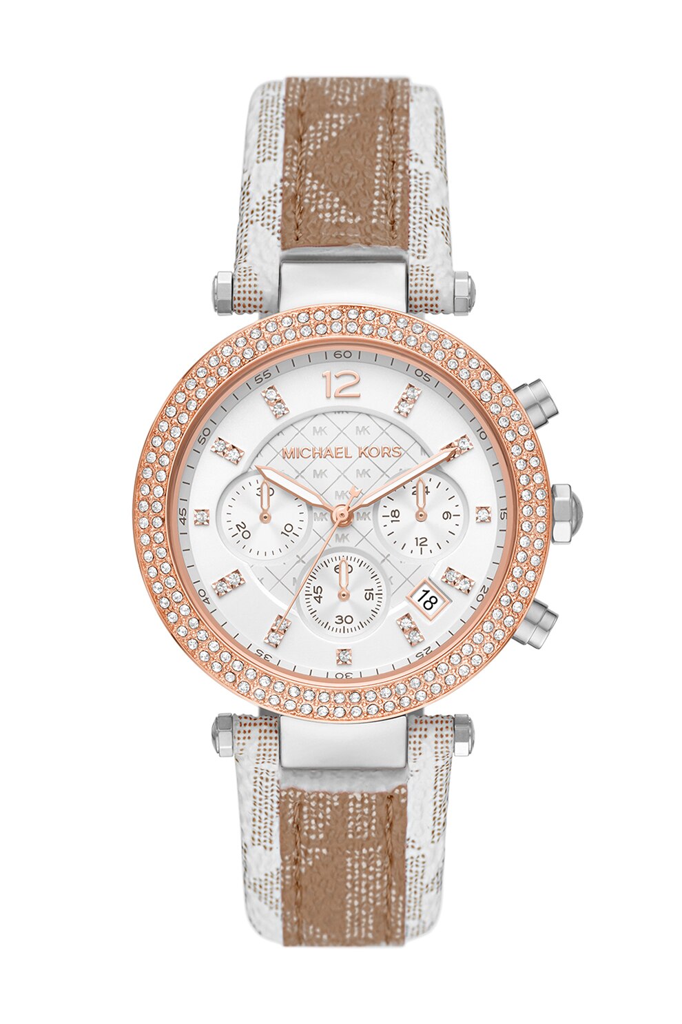 Michael Kors, Ceas quartz decorat cu cristale, Argintiu/Alb/Auriu rose