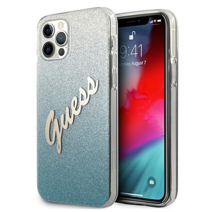 Apple iPhone 12 / 12 Pro Guess Glitter Gradient Script Hátlap tok - GUHCP12MPCUGLSBL, Ezüst/Kék