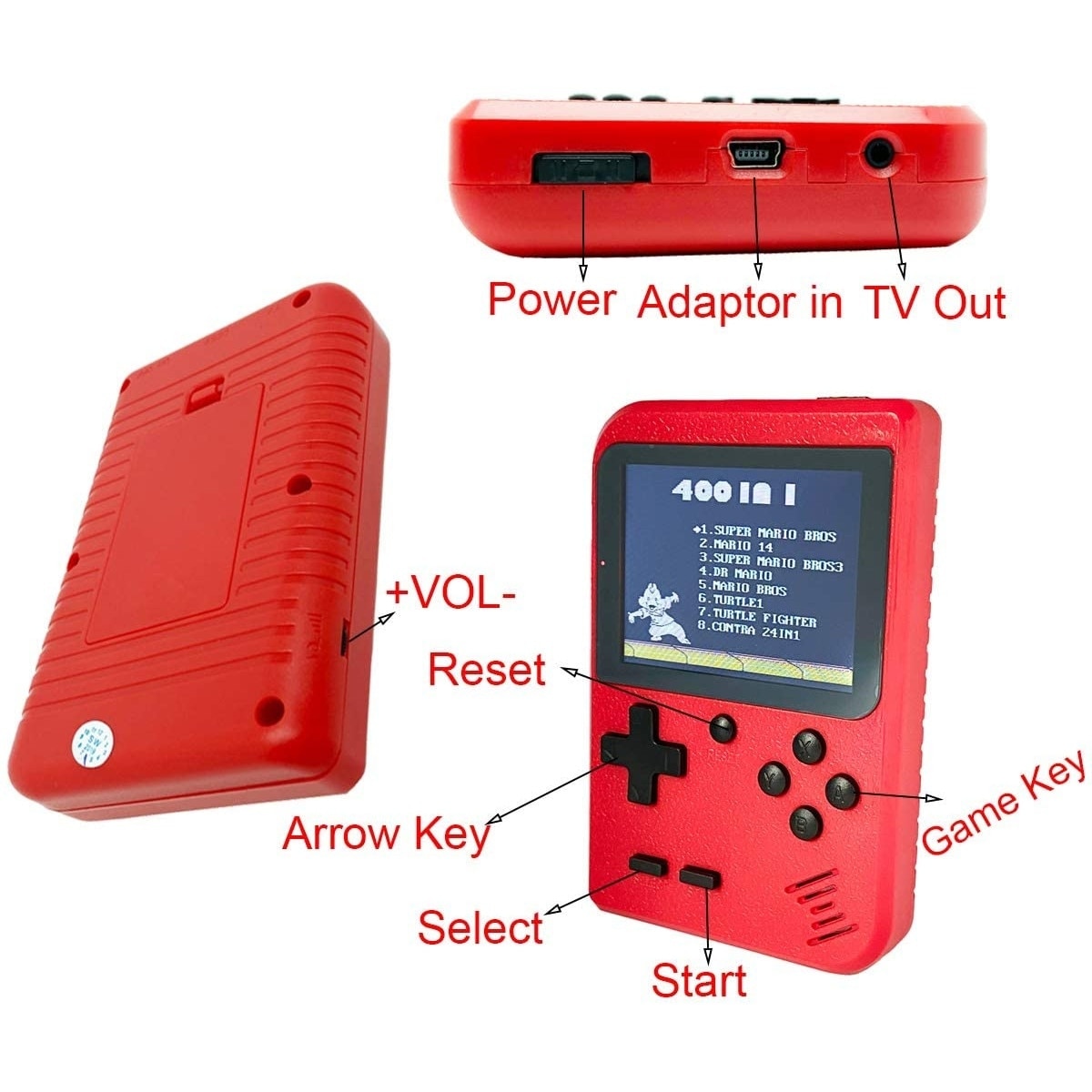 Mini consola portabila Flyme, Retro, 400 jocuri clasice FC, Ecran color 2.8", Rosu