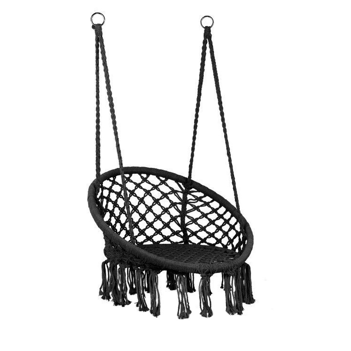 Leagan balansoar rotund suspendat, cu franjuri, pentru casa sau gradina, capacitate 150kg, culoare negru