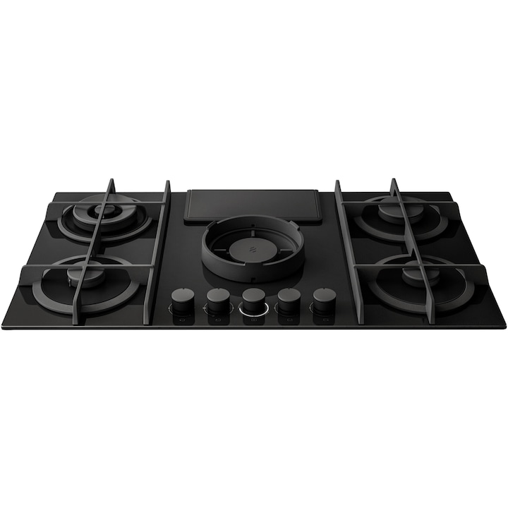 Плот за вграждане Elica NIKPFLAME BL/A/88, Газ, 4 зони за готвене, Двойна горелка, Вграден абсорбатор, Wok, Чугунени скари, Мощност на поглъщане 610 см / ч, Клас A, 88 см, Черно стъкло