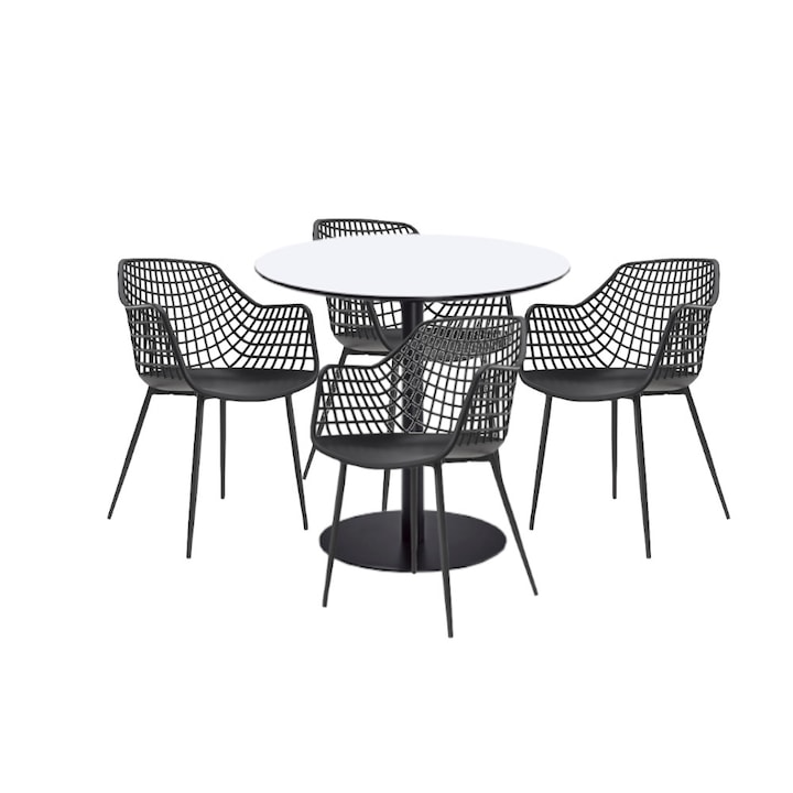 Set mobilier dining bucatarie RAKI masa rotunda cu blat MDF melaminat 80x75cm cu 4 scaune TOYAMA negre