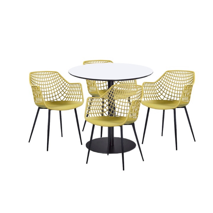 Set mobilier dining bucatarie RAKI masa rotunda cu blat MDF melaminat 80x75cm cu 4 scaune TOYAMA galben negru