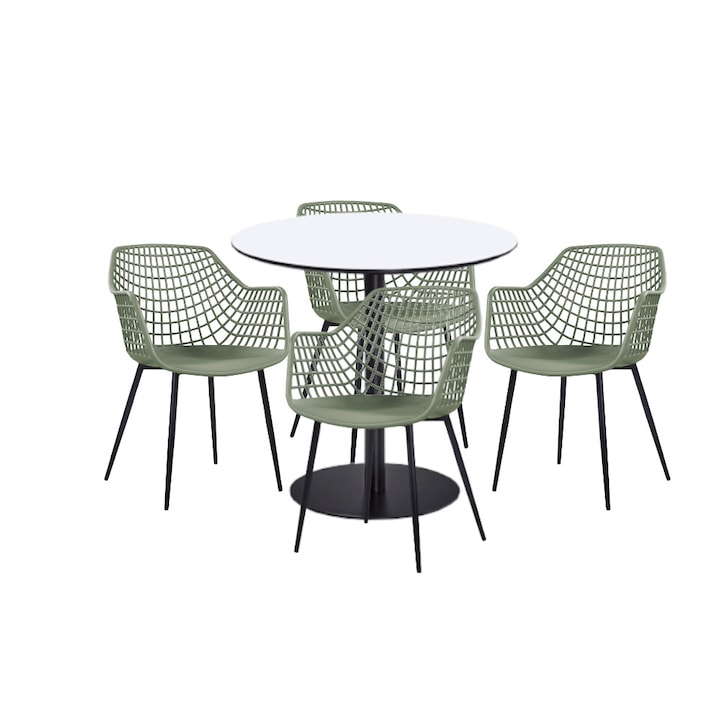 Set mobilier dining bucatarie RAKI masa rotunda cu blat MDF melaminat 80x75cm cu 4 scaune TOYAMA verde negru