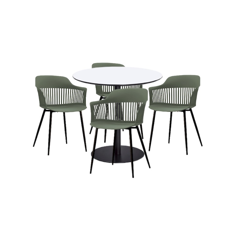 Set mobilier dining bucatarie RAKI masa rotunda cu blat MDF melaminat 80x75cm cu 4 scaune Florida 53x59x81cm verde negru