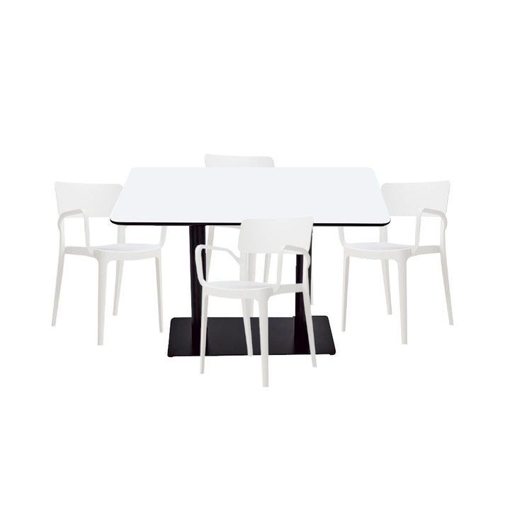 Set mobilier dining bucatarie RAKI masa dreptunghiulara cu blat MDF melaminat 120x80x75cm cu 4 scaune Panora albe