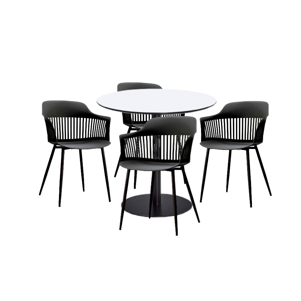 Set mobilier dining bucatarie RAKI masa rotunda cu blat MDF melaminat 80x75cm cu 4 scaune Florida 53x59x81cm negru