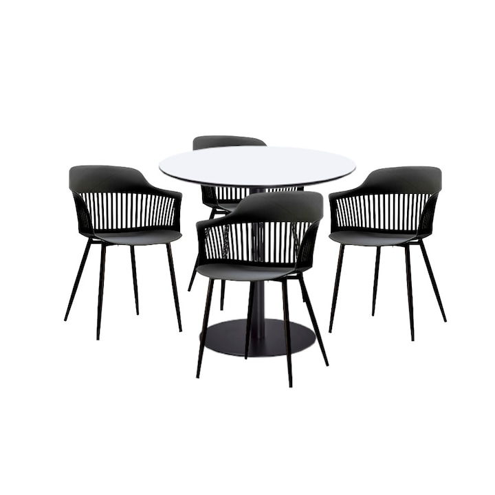 Set mobilier dining bucatarie RAKI masa rotunda cu blat MDF melaminat 80x75cm cu 4 scaune Florida 53x59x81cm negru