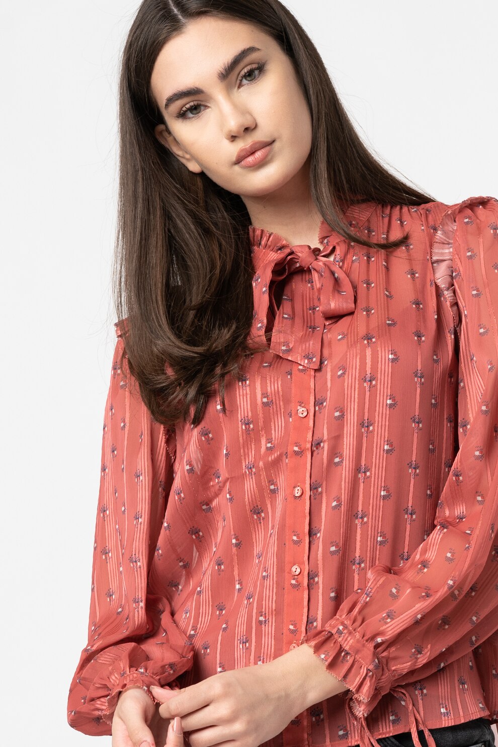 Pepe Jeans London, Camasa cu imprimeu si funda din panglici Miraya, Rosu caramiziu/Bleumarin