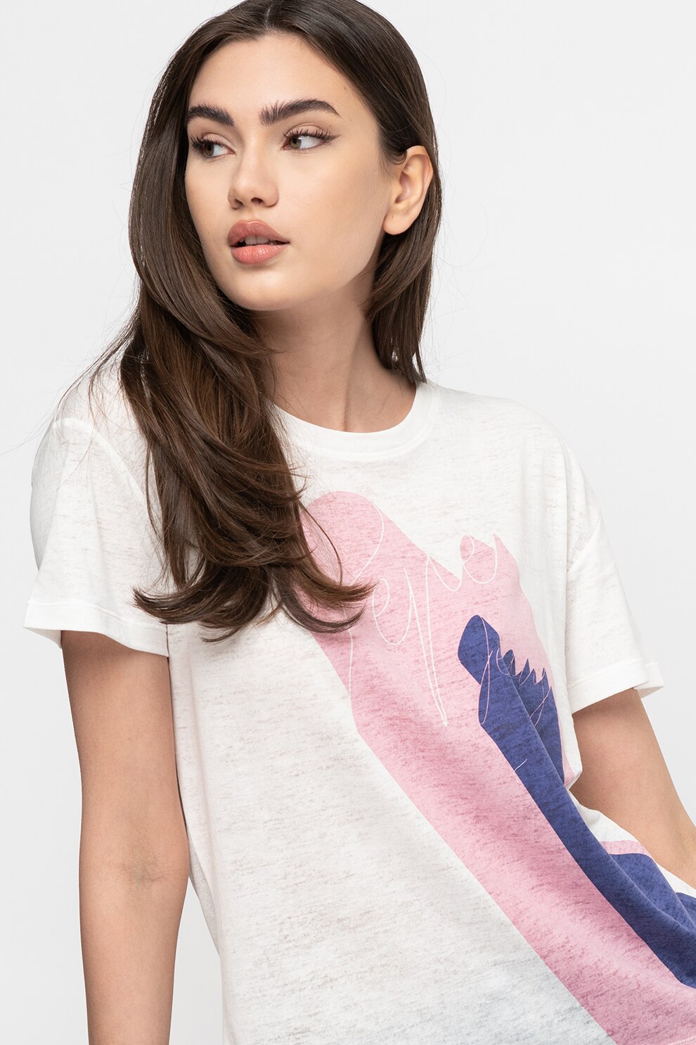 Pepe Jeans London, Tricou cu imprimeu logo supradmensionat Alexa, Alb/Roz/Bleumarin