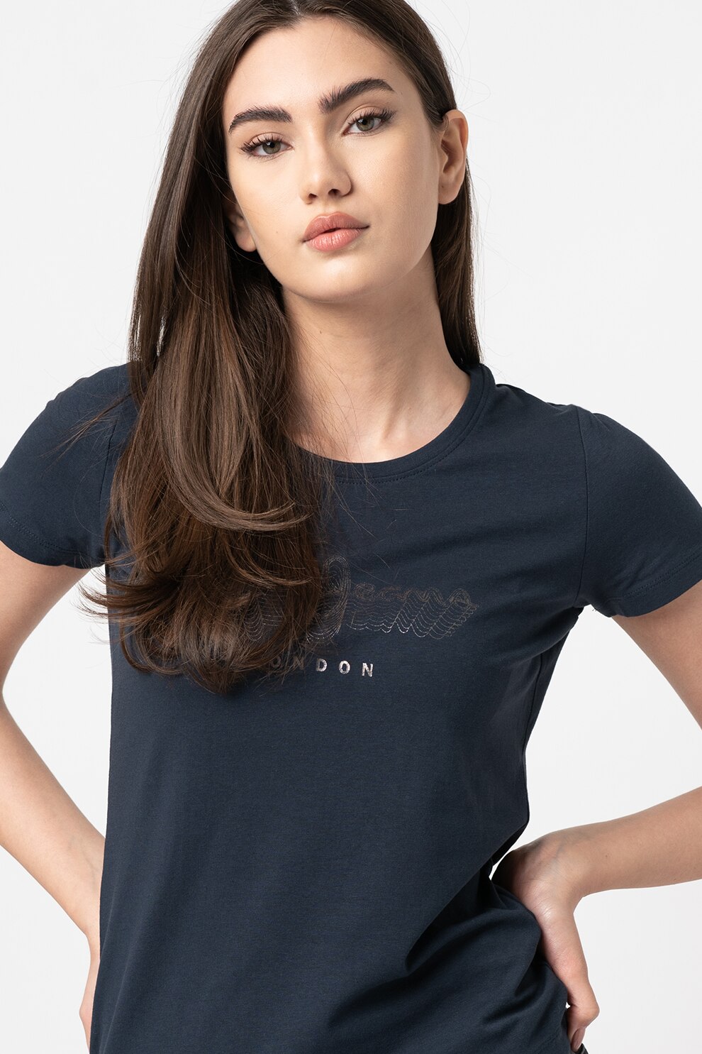 Pepe Jeans London, Tricou cu imprimeu logo metalizat Anna, Bleumarin