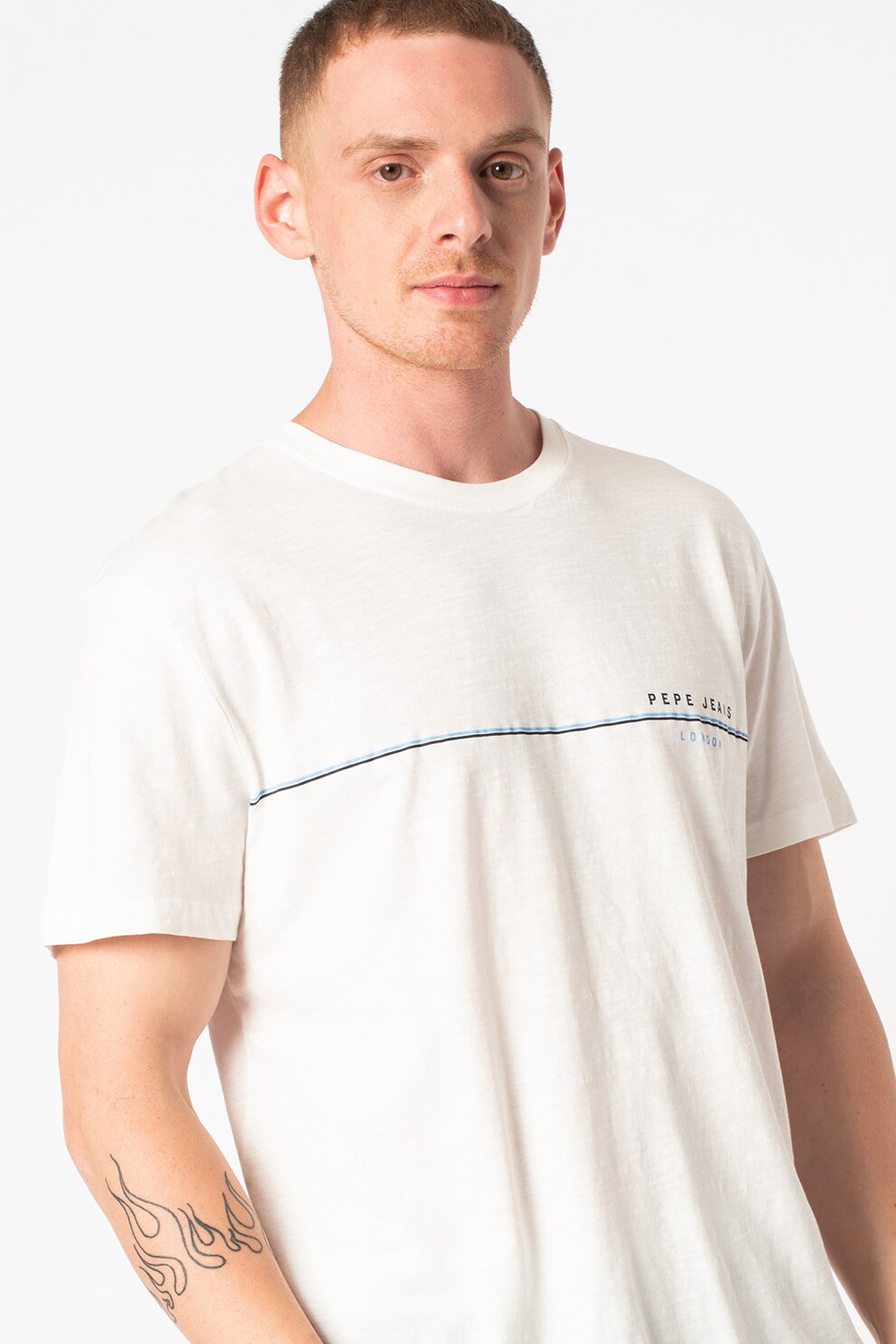 Pepe Jeans London, Tricou cu decolteu la baza gatului si logo Gilbert, Alb/Albastru
