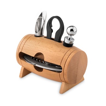 Set 4 accesorii pentru vin, din otel inoxidabil in suport din lemn tip butoi, Piksel, cu suport pahar inclus Set 4 accesorii pentru vin, din otel inoxidabil in suport din lemn tip butoi, Piksel, cu suport pahar inclus