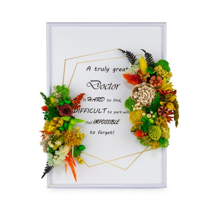 Tablou Medici/Doctori Text Engleza, cu Licheni, Flori Uscate si Criogenate YoobirimBox Handmade, 21 x 30 cm