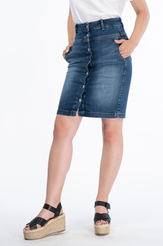 Lee Cooper, Fusta de denim cu talie inalta si aspect decolorat, Albastru inchis, XS Lee Cooper, Fusta de denim cu talie inalta si aspect decolorat, Albastru inchis, XS