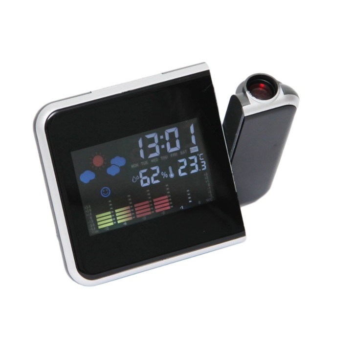 Часовник с електронен дисплей с проекция на стена, дисплей за температура, влажност, черен