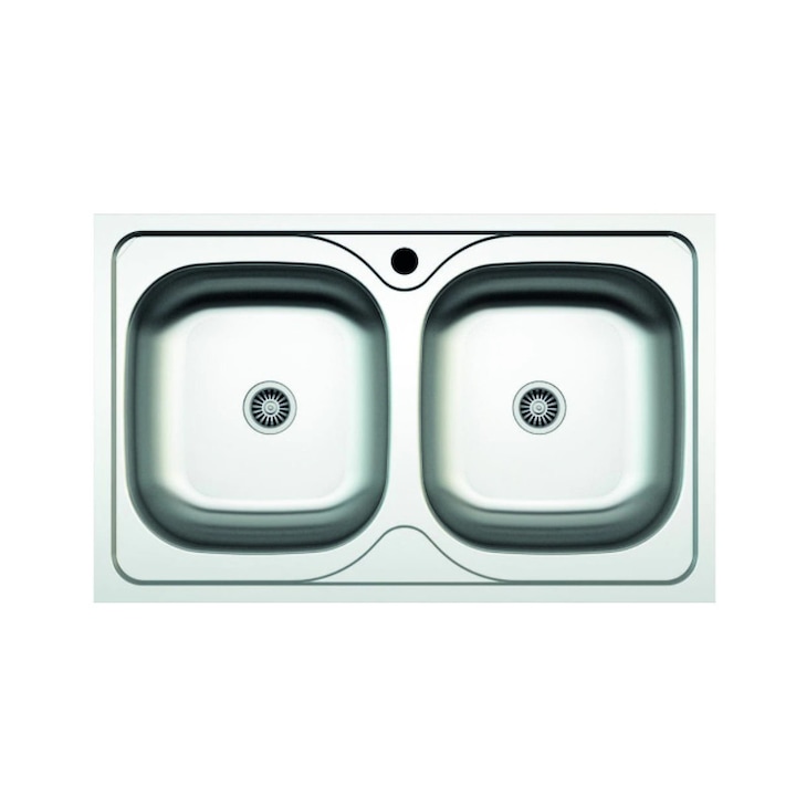 Кухненска мивка, неръждаема стомана, дебелина 0,6 мм, 2 купи, размер 50x80 см, плот, сатенена текстура, сребро
