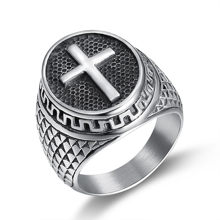Inel barbati, JustZEN®, Cruce Gotica, Inox , Argintiu, look rock-punk
