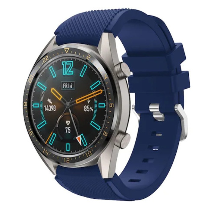 Curea din silicon, compatibila Huawei Watch GT 2 46mm, Striatii Diagonale, Telescoape Quick Release, 22mm, Dark Blue