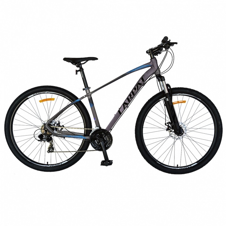MTB велосипед с 29" колела, предно окачване, последователни лостове, скоростна кутия Shimano, дискови спирачки-предни/задни, 21 скорости, сиво/синьо/черно, планински велосипед Carpat Invictus с алуминиева рамка