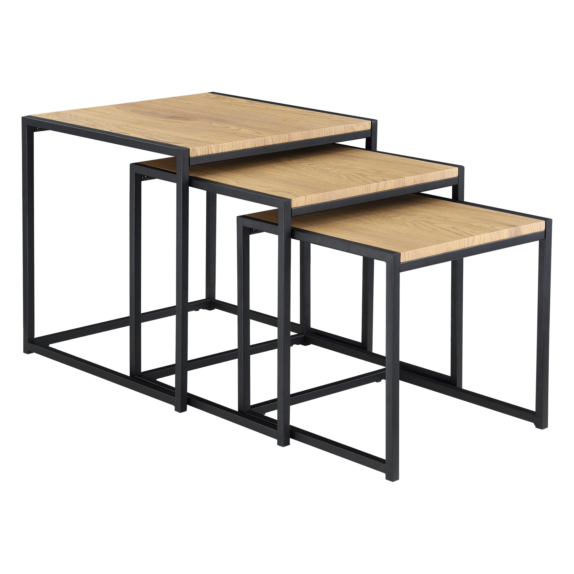 Set 3 bucati masute Ringsaker, en.casa, 45 x 45 x 45 cm, otel/MDF, negru/culoarea stejarului, stivuibile