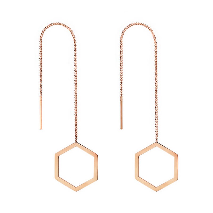Cercei hexagonali threader drop, roz auriu, model geometric, Pufoseria, 99461358