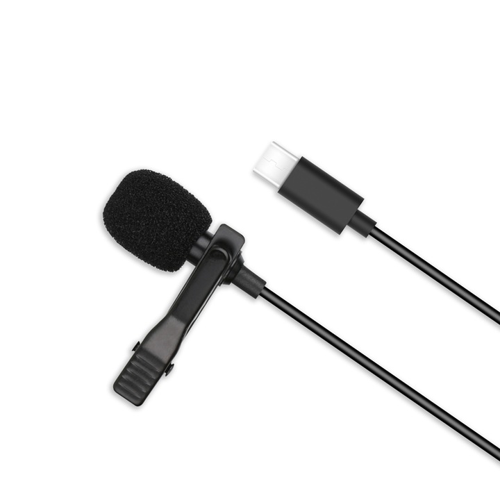 XO Design Lavalier mikrofon, Csiptetős rögzítőrendszerrel, USB-C, 2 m-es kábel, Fekete