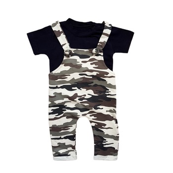 Salopeta cu tricou de bumbac, camuflaj, varsta 9-12 luni, 80 cm, Negru/Maro Salopeta cu tricou de bumbac, camuflaj, varsta 9-12 luni, 80 cm, Negru/Maro