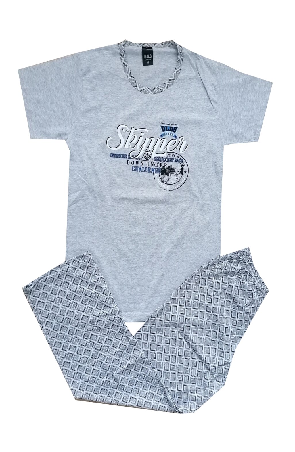 Pijamale barbat maneca scurta pantalon lung, Gri deschis