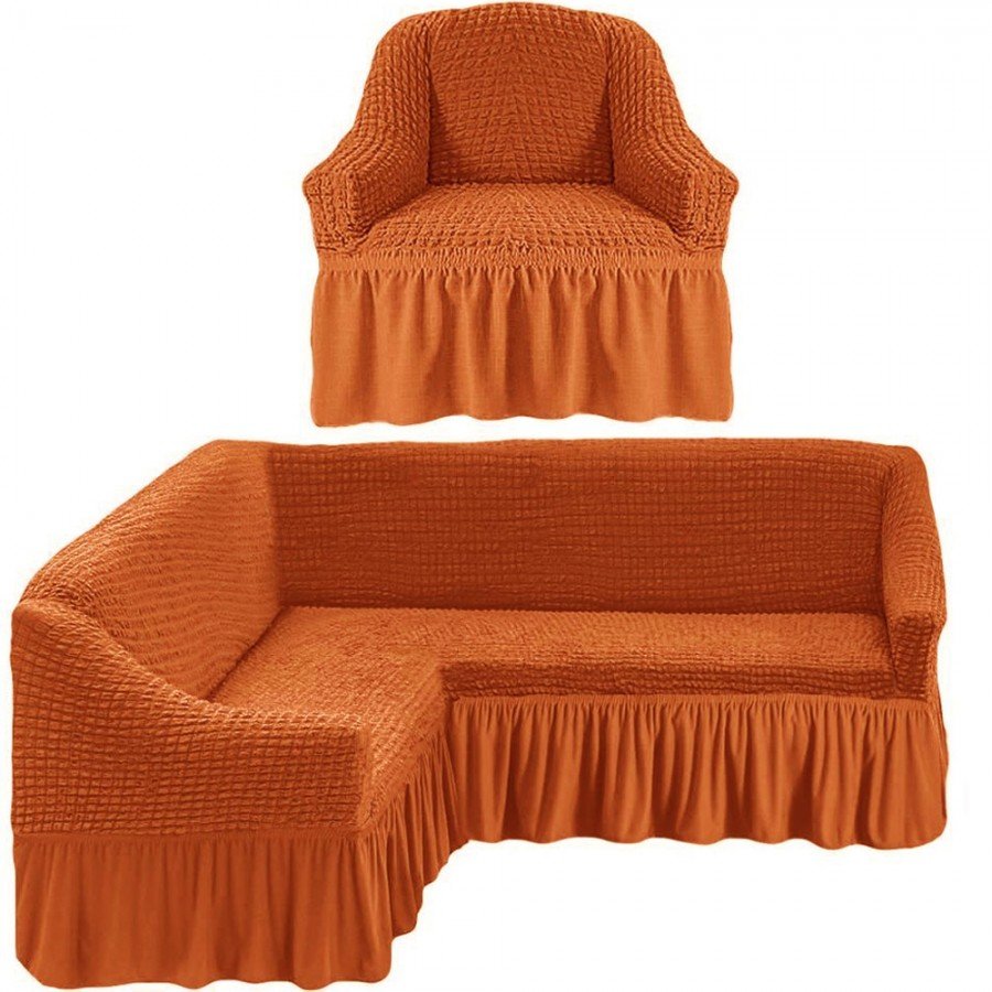 Set Husa elastica din material creponat, cu volan, pentru coltar si 1 fotoliu, Caramiziu