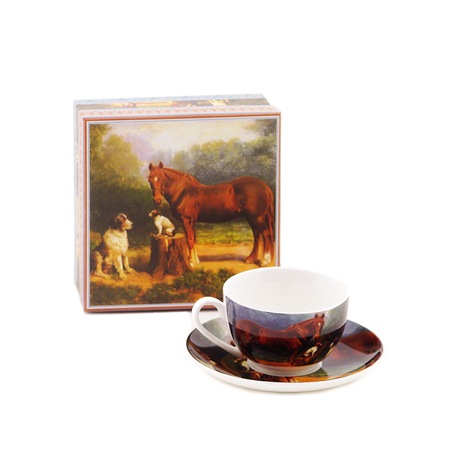 Cana ceai ceramica cu farfurie in cutie decor - desen cai, 240 ml -