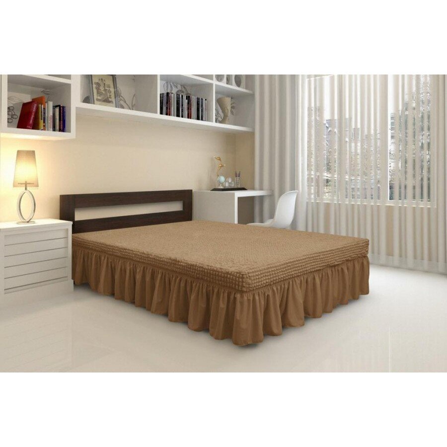 Set Husa elastica din material creponat, cu volan, pentru pat si 2 fete perna 50 x 70 cm, Maro (Cafea cu Lapte)