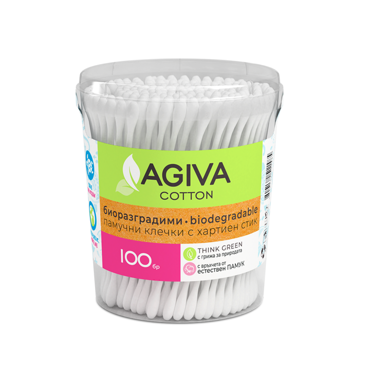 Biológiailag lebomló fülpálcikák Agiva Cotton, Papírpálcával, 100% természetes pamut, 100 db