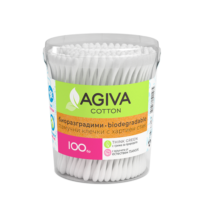 Биоразградими клечки за уши Agiva Cotton, С хартиен стик, 100% естествен памук, 100 бр