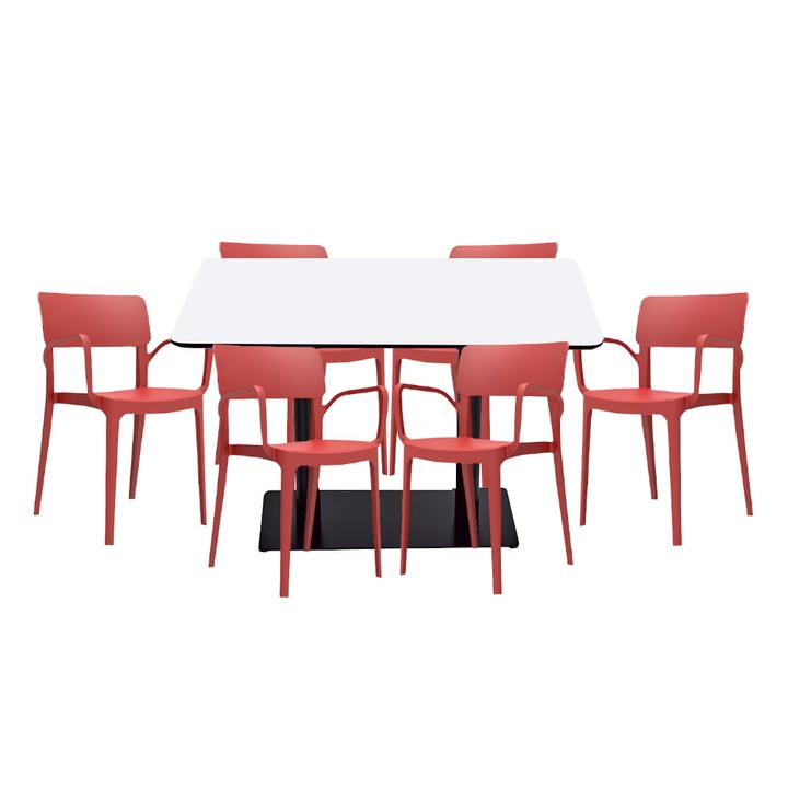 Set mobilier dining bucatarie RAKI masa dreptunghiulara cu blat MDF melaminat 120x80x75cm cu 6 scaune Panora rosii
