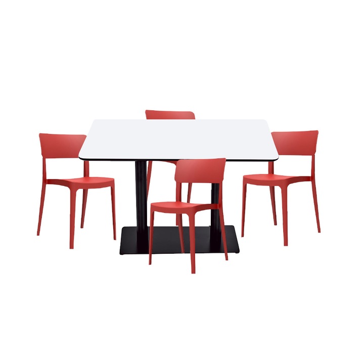 Set mobilier dining bucatarie RAKI masa dreptunghiulara cu blat MDF melaminat 120x80x75cm cu 4 scaune Pano rosii