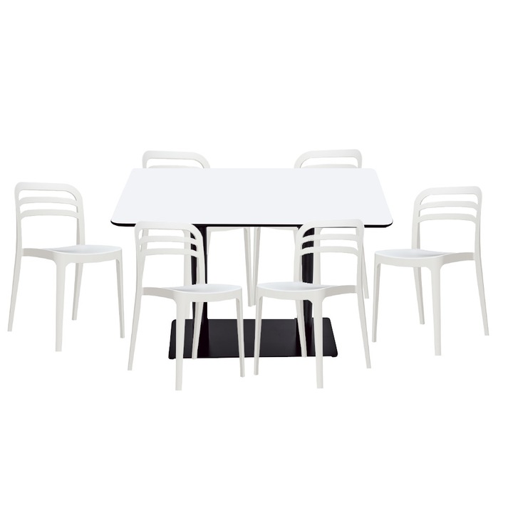 Set mobilier dining bucatarie RAKI masa dreptunghiulara cu blat MDF melaminat 120x80x75cm cu 6 scaune Aspen albe