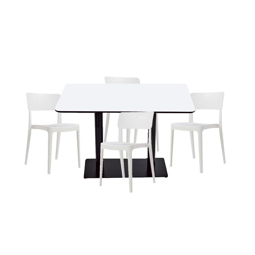 Set mobilier dining bucatarie RAKI masa patrata cu blat MDF melaminat 80x80x75cm cu 4 scaune Pano albe