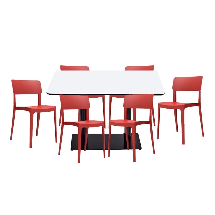 Set mobilier dining bucatarie RAKI masa dreptunghiulara cu blat MDF melaminat 120x80x75cm cu 6 scaune Pano rosii
