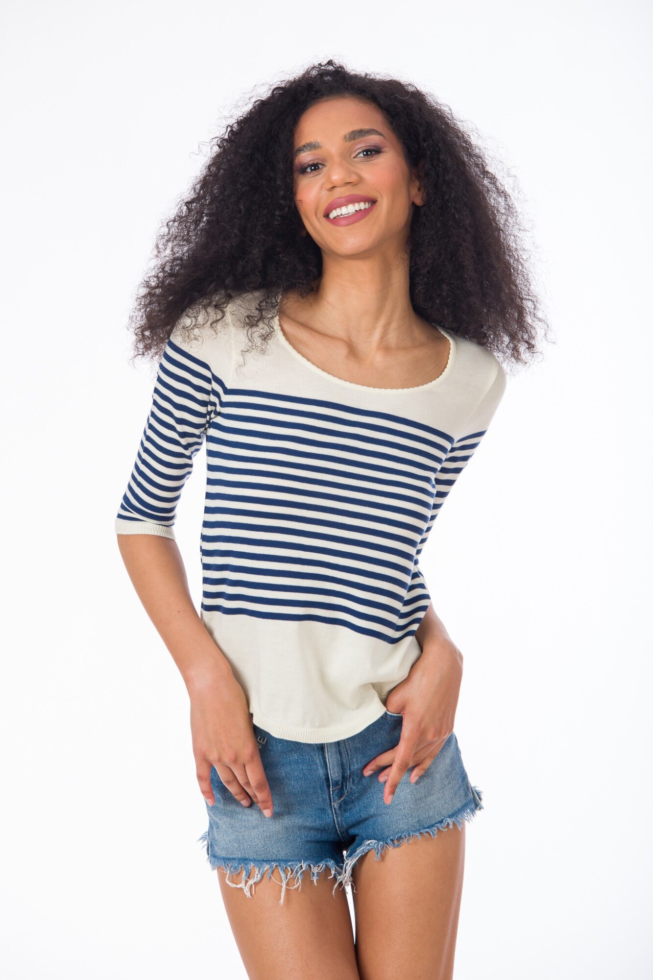 Top BE YOU cu dungi, Alb/Bleumarin