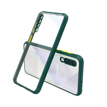 Husa antisoc pentru Samsung Galaxy A30s, Muchii din cauciuc, Protectie pentru camera, Transparent/Verde inchis Husa antisoc pentru Samsung Galaxy A30s, Muchii din cauciuc, Protectie pentru camera, Transparent/Verde inchis